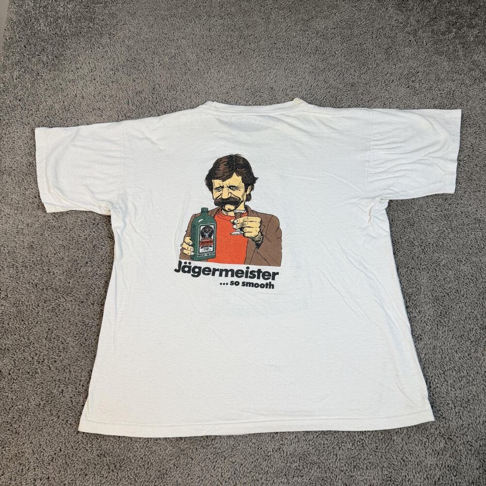 Vintage 80s Jagermeister Shirt Mens XL White Bottle Promo Graphic Double Sized